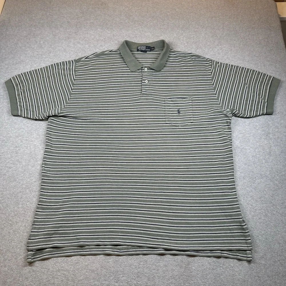Polo Ralph Lauren Polo Shirt Mens 2XL Green Striped Short Sleeve Pocket NOTE